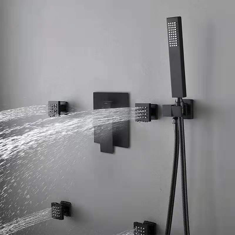 Bathroom shower system Black 12-inch square rain shower head ceiling installation with full copper pressure balance mixer control valve and hand shower and 6 body spray set