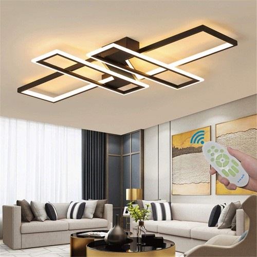 Modern LED Ceiling Lights, Black Dimmable Chandelier, Rectangular, with Remote Control, Diningroom Lamp, Flush Mount Geometric Light Fixture Ceiling Lighting for Bedroom Living Room 35.4IN/47.2IN