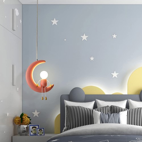 Creative Moon Shape Pendant Lamp Cute Resin Hanging Light 1 Light Boys and Girls Room Pendant Light Fixture 